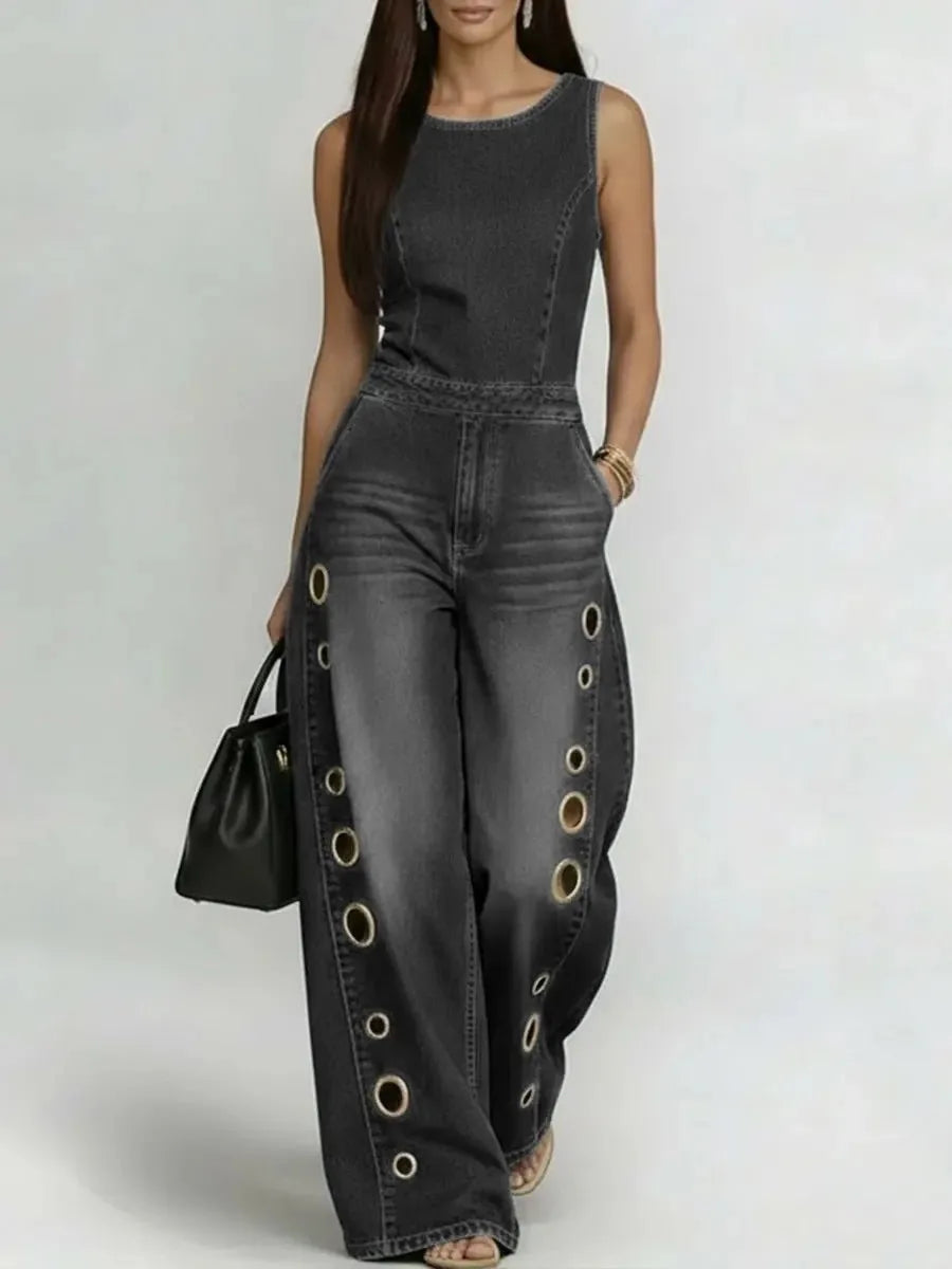 Women's Sleeveless Denim Jumpsuit High Waist Wide Leg Pants with Gold Eyelet Cutout Decor Streetwear Casual Fashion Romper - Kimlud