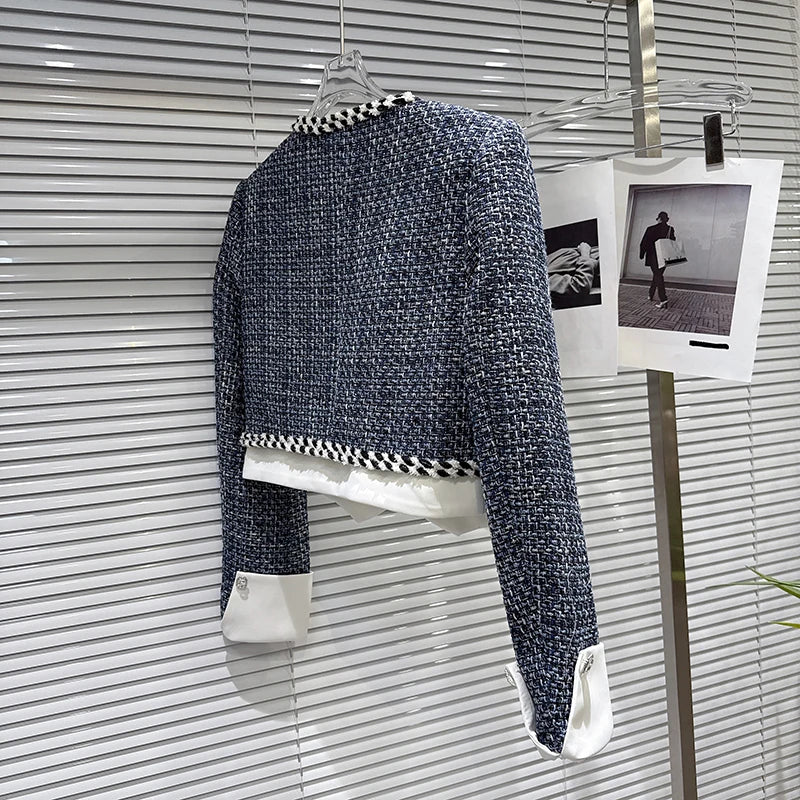 DEAT 2025 Autumn New Fashion Rhinestone Pin Contrast Color Tweed Short Jacket For Women Pocket Short Skirt Female 11A06364