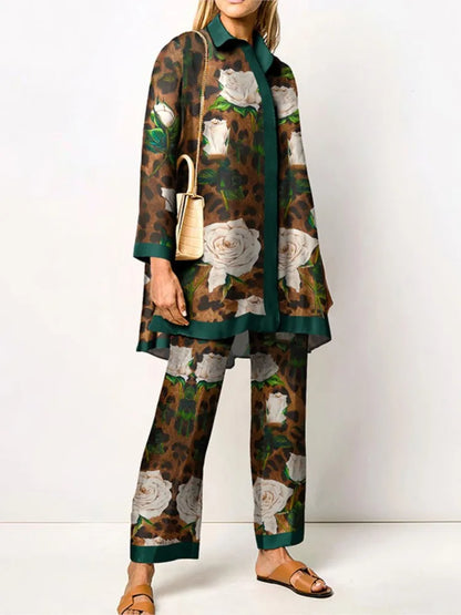 Autumn New Loose Vintage Printed Pant Sets Women Long Sleeve Shirts And Wide Legs Trousers Two Piece Set 2025 Fashion Streetwear