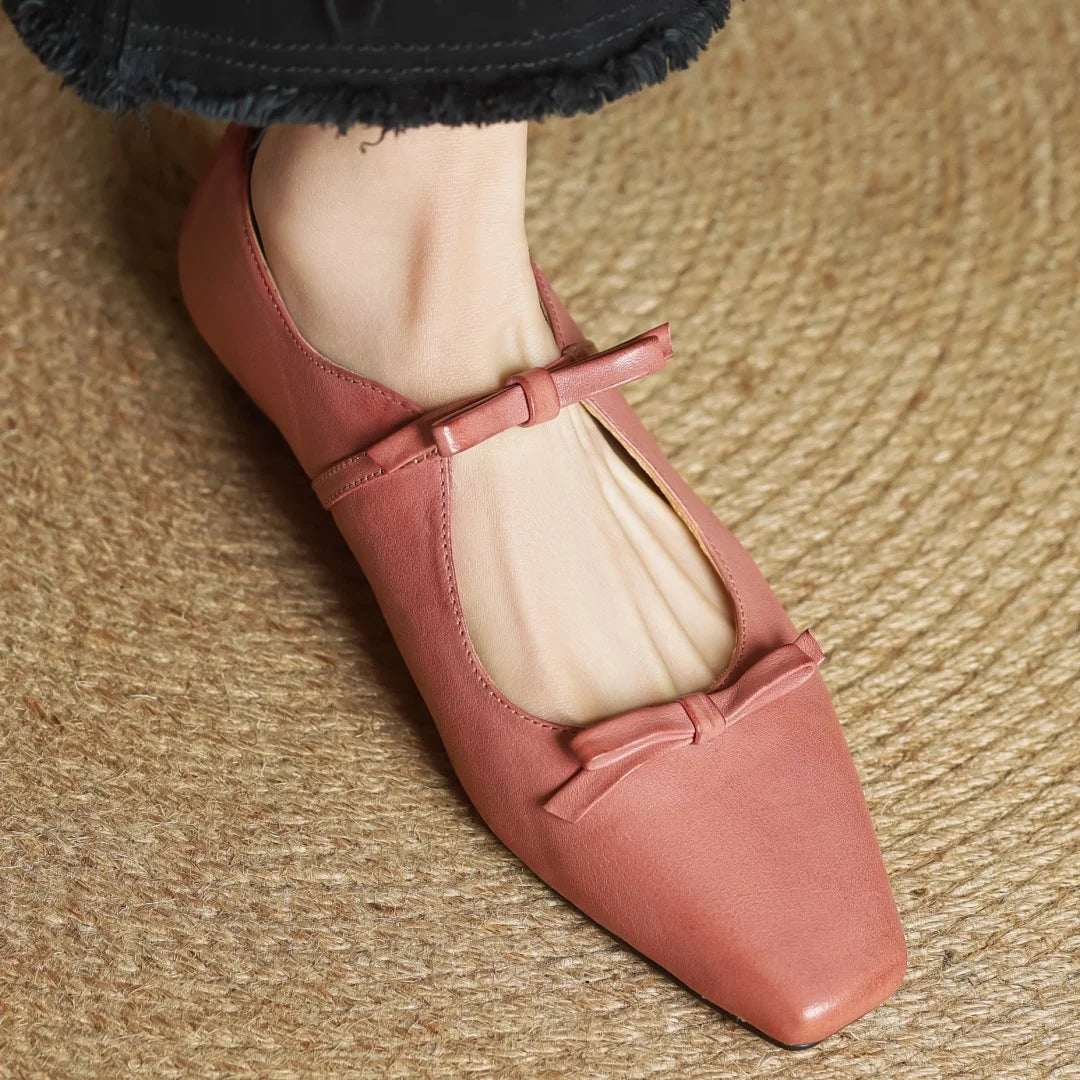 Women's cow leather double bowtie slip-on flats loafers square toe high quality female sweet daily moccasins shoes for woman hot - Kimlud