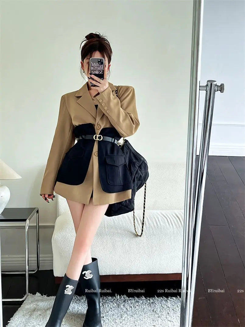 Original Design Blazer Women Fashion New Loose Spliced Pocket Korean Shrug Notched Single Breasted Blazer Mujer Femal...