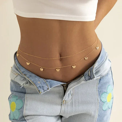 Sexy Double Layer Colorful Stone Chain for Women Crystal Butterfly Waist Bead Belly Chain Belly Belt Summer Beach Body Jewelry - Kimlud