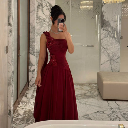 Burgundy One Shoulder Evening Dress 3D Floral Appliques Long Train Formal Gown for Gala Party