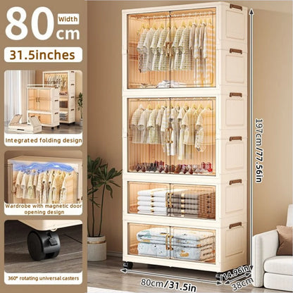 80cm no-installation folding storage cabinet, bedroom children's wardrobe, multi-layer storage box with wheels - Kimlud