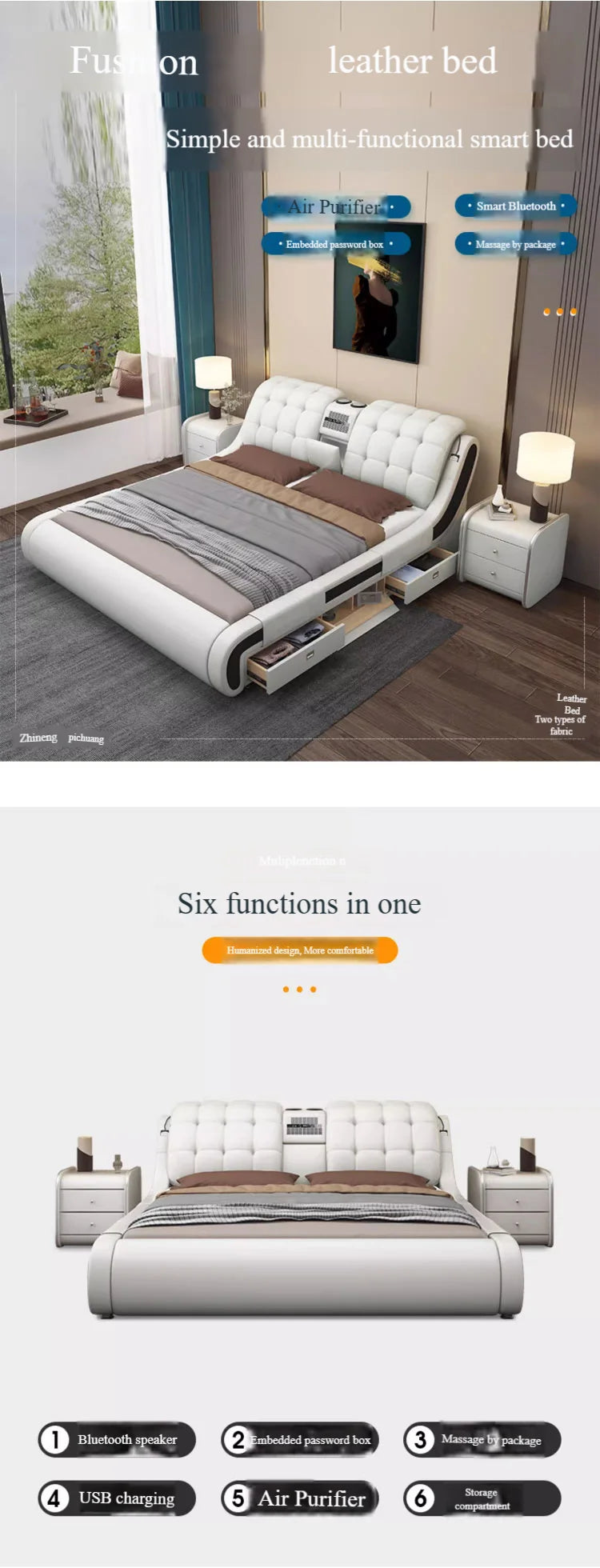 Modern Luxury Bedroom Furniture Smart Electric Massage Up-holstered Beds king Size Double Bed Gas Lift Frame with Storage Design