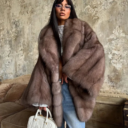 Women Elegant Fake Fur Coat Bell Sleeve Lapel Suede Surface Girdle Coats Unique Luxury Temperament 2025 New Winter High Street