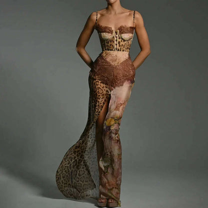 Summer Beach Leopard Print Dress Sexy Lace Split Patchwork Chiffon Dresses Women Elegant Sleeveless Backless Beach Evening Gowns