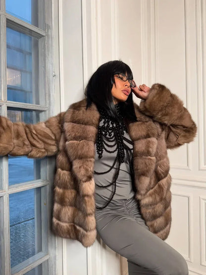 Fashion Patchwork Faux Fur Coat Women Casual Full Sleeve Lapel Loose Long Staple Plush Jacket 2025 New Winter Street Wear New