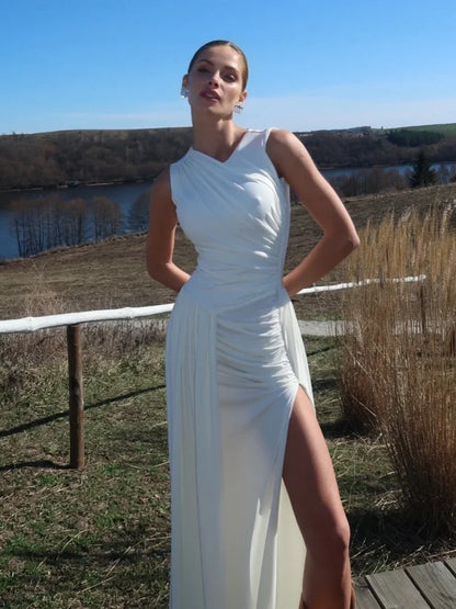 Sexy Sleeveless O Neck Draped High Split Long Dress Women White Elegant Summer Folds Bodycon Celebrity Club Evening Party Gowns