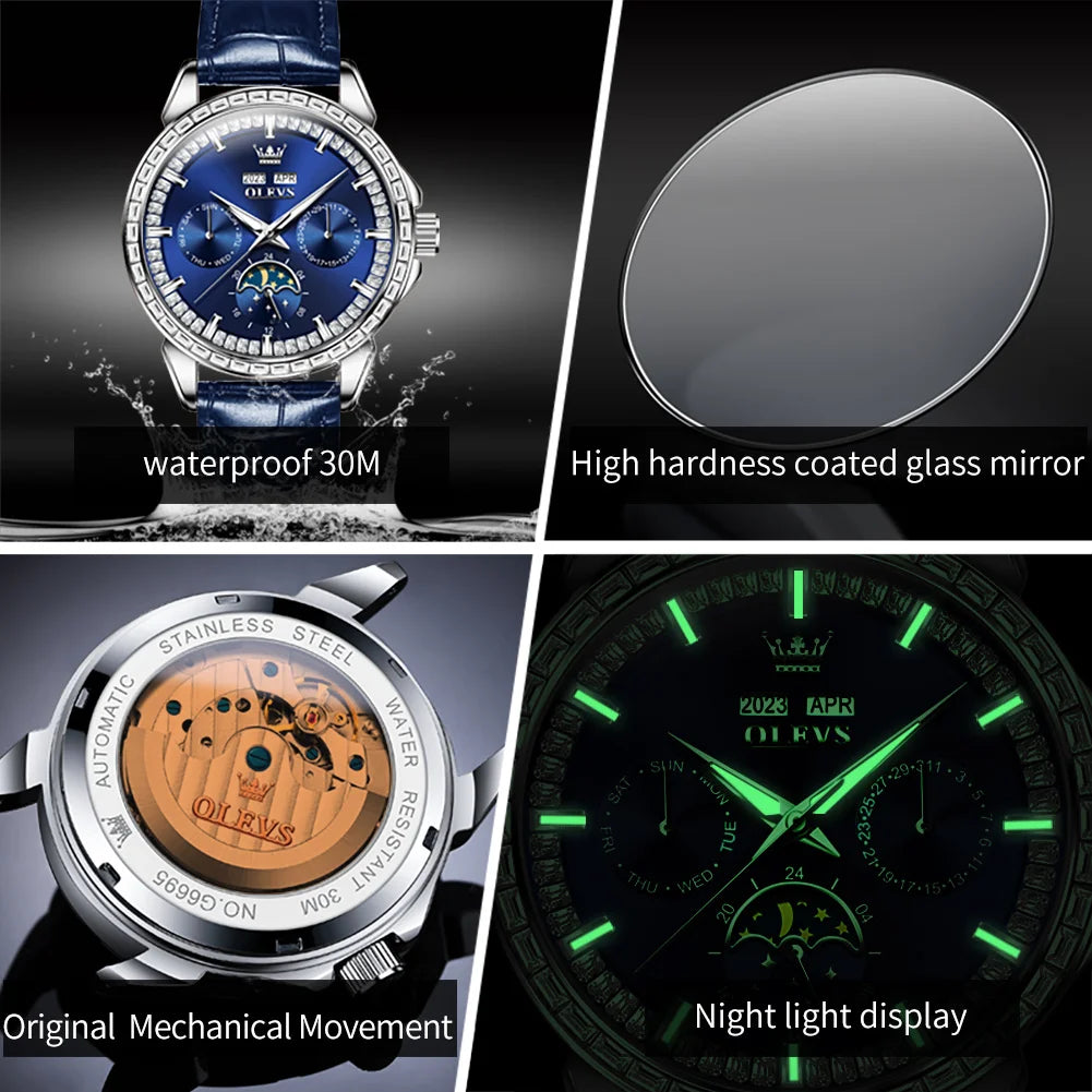 OLEVS 6695 Luxury Man Watch Original Brand Diamond Bezel Moon Phase Waterproof Glow Automatic Mechanical Wrist Watches...