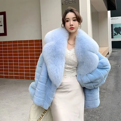 Winter Women Real Rex Rabbit Fur Coat 100% Natural Fur Jacket with Large Silver Fox Fur Collar Luxury Streetwear