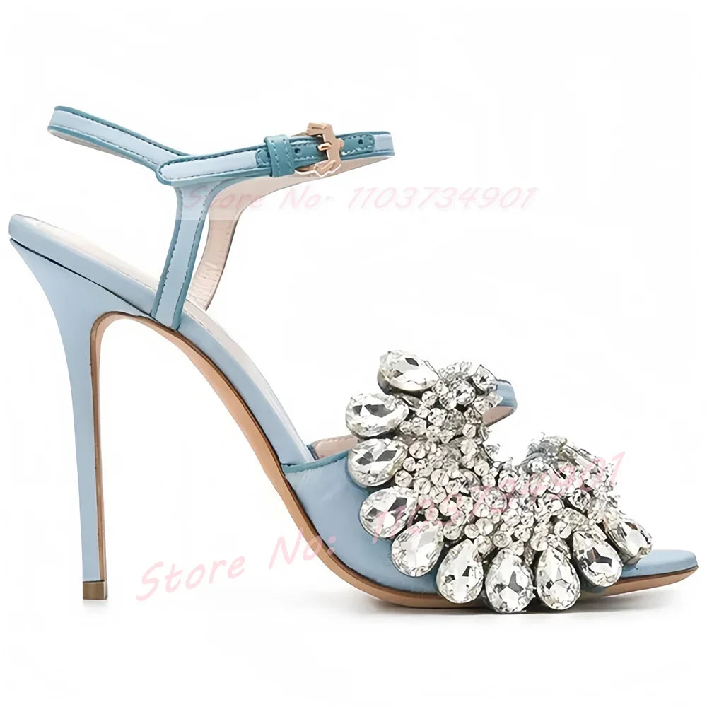 Open Toe Crystals Flower Sandals Women Wedding Luxury Ankle Strap Round Toe Stiletto High Heels Shoes Lady Party Summer Sandals