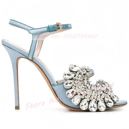 Open Toe Crystals Flower Sandals Women Wedding Luxury Ankle Strap Round Toe Stiletto High Heels Shoes Lady Party Summer Sandals