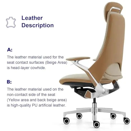 Genuine Leather Executive Office Chair，Top-Grain Cowhide, Ergonomic Design | Adjustable seat and rest heights | Kimlud...