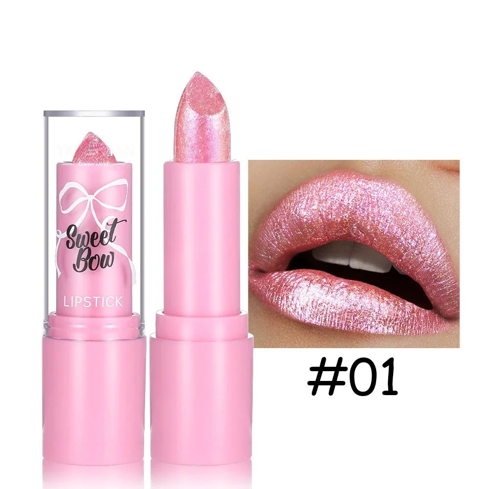 Rose Metallic Lipstick Glitter Lip Glaze Waterproof Long Lasting Moisturize Bright Red Pearlescent Shiny Lipgloss Makeup 6color