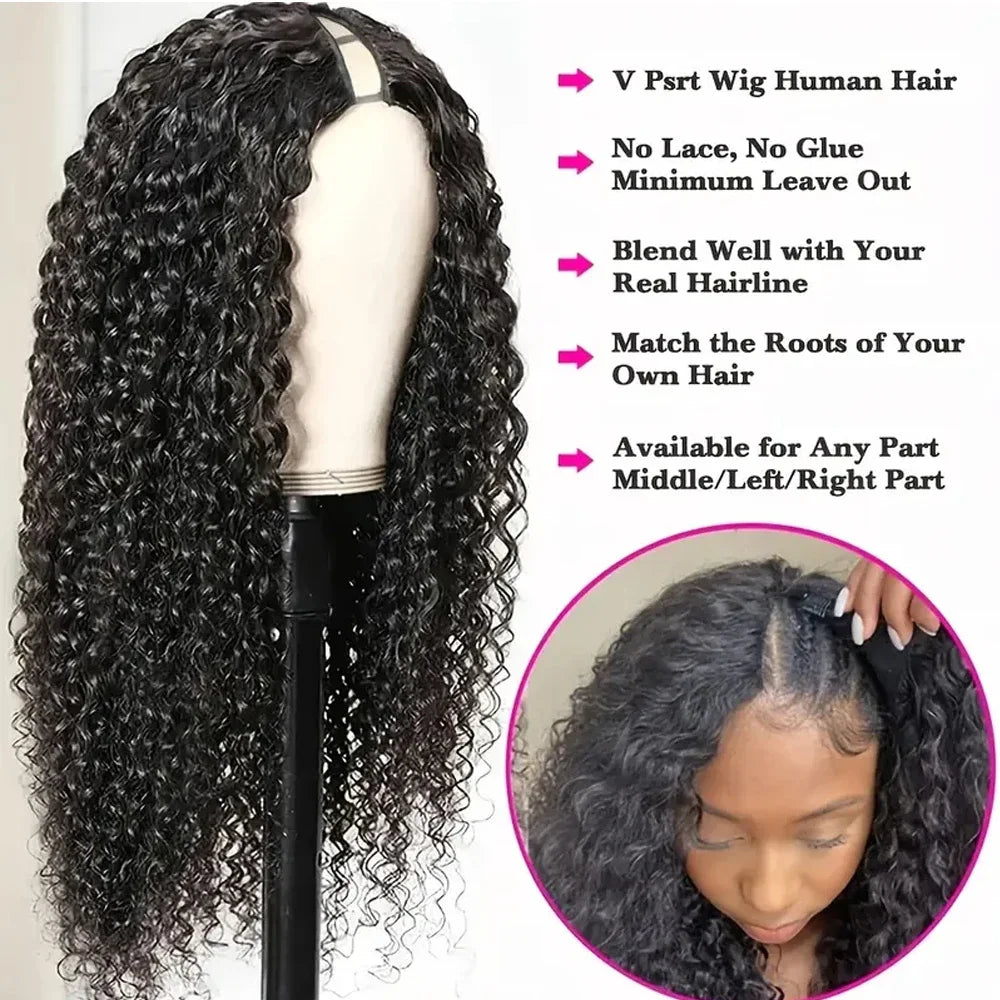 Upgraded V Part Wig Kinky Curly Wig Easy Install Brazilian 32Inch 200% Density Natural Color Deep Wave No Leave Out Human Remy Hair For Women