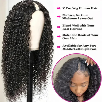 Upgraded V Part Wig Kinky Curly Wig Easy Install Brazilian 32Inch 200% Density Natural Color Deep Wave No Leave Out Human Remy Hair For Women