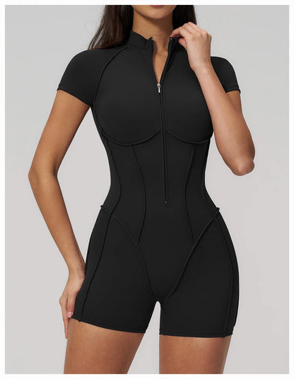 2026 Yoga Bodysuit Short Sleeves Women Tracksuits Gym Zipper Jumpsuits Sports Workout Rompers Fitness One-piece Suit Activewear - Kimlud