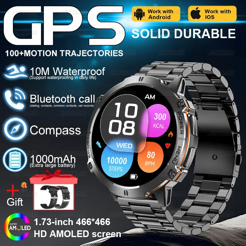 2025New Outdoor Military GPS Compass Smart Watch Men 1.73"HD AMOLED Screen 1000MAH Heart Rate BT Call IP68 Waterproof Smartwat