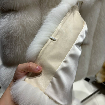 YOLOAgain Women's Luxury White Fox Fur Coat 2024 Winter Warm Real Fox Fur Jacket