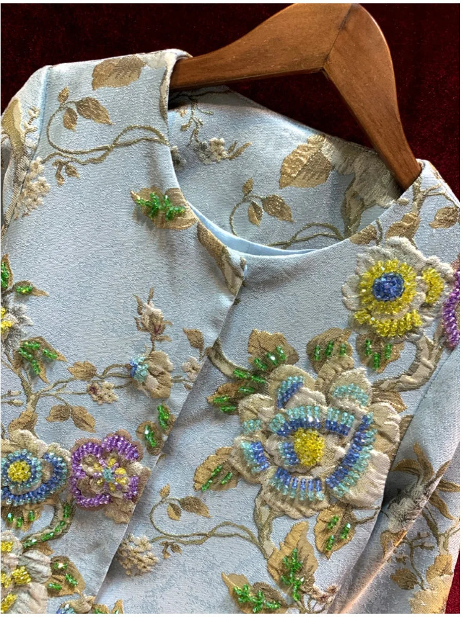 Luxury Lady Vintage Autumn Embroidery Jacket Women Floral Beading Long Coat Covered Button Outwear Trench O-neck