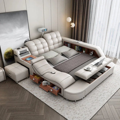 Genuine Leather Tech Smart  Multifunctional Beds Massage Modern Luxury Camas Upholstered With Bluetooth Speaker,Air Cleaner