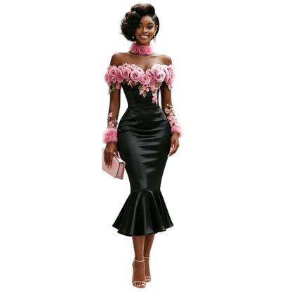 Black Midi Sheath Prom Dress Off Shoulder Long Sleeve Evening Gown Pink Rose Floral African Birthday Party Dress...