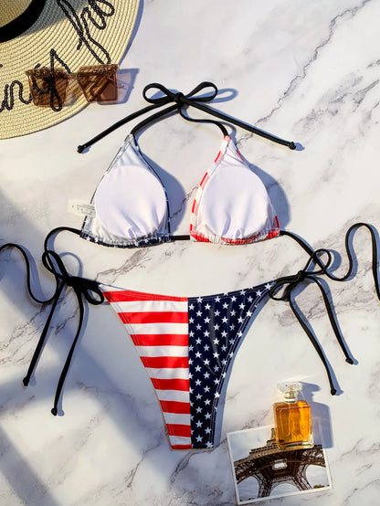 Fashion USA American Flag Frint Bikinis Women Bikinis Push Up Swimwear Halter Neck Beach Wear Sexy Swimsuit Bathing Suits - Kimlud