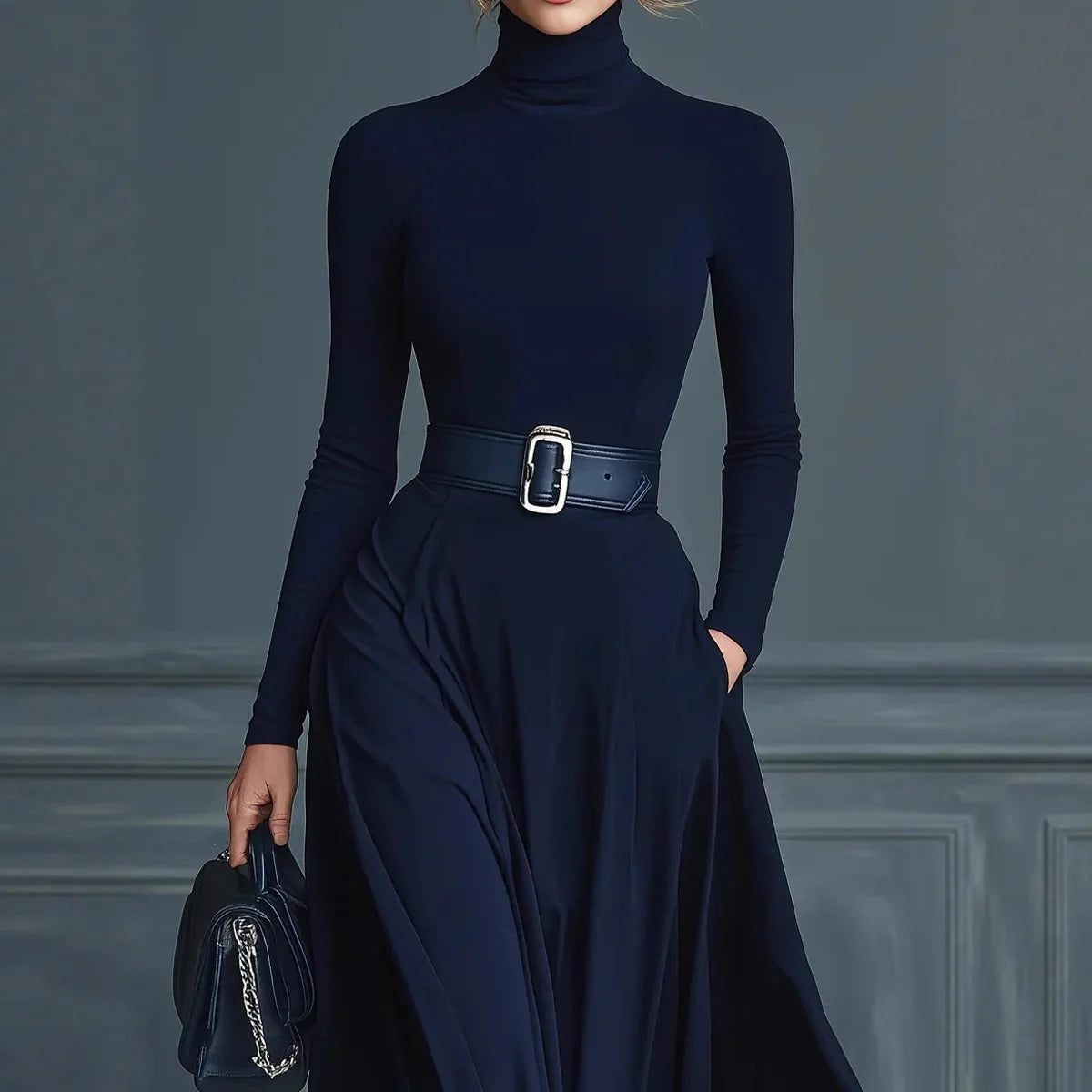 Women Elegant Turtleneck Solid With Pockets Dress Spring Autumn Fashion Slim Fit Big Swing Floor Length Evening Gown NO...