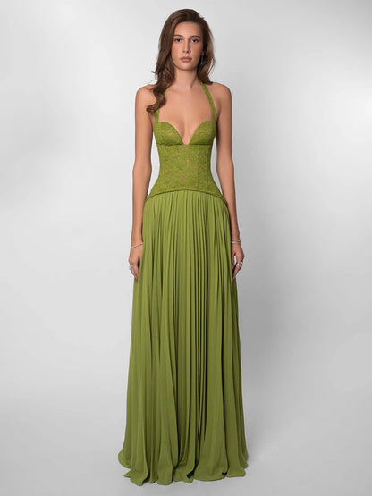 Sexy Halter Neck Lace Corset Pleated Maxi Dress Women Green Sleeveless Backless Lace-up A-line Long Dresses Evening...