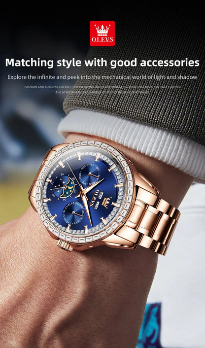 OLEVS 6695 Automatic Mechanical Men's Watches Luxury Brand Original Diamond Bezel Moon Phase Perpetual Calendar Man...