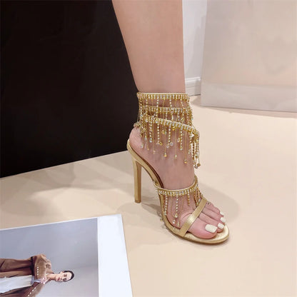Liyke Elegant Women Wedding Banquet Shoes Fashion Crystal Tassel Twining Stiletto Sandals Sexy Open Toe Stripper Heels Golden - Kimlud