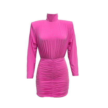 VC Chic Hot Pink High Neck Long Sleeve Mini Dress with Sparkling Rhinestone Embellishments and Ruched Detailing