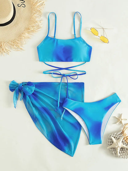 3 Pieces Ombre Lace Up Bikini Swimsuit & Beach Skirt Sexy Swimwear Women 2023 Bathing Swimming Swim Suit Female Summer Beachwear