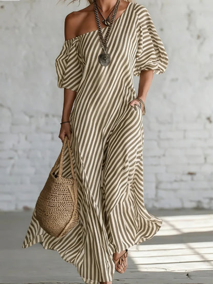 Comfortable daily single shoulder bubble sleeve dress with classic striped print 2026 summer new casual loose long dress
