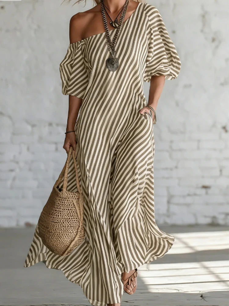 Comfortable daily single shoulder bubble sleeve dress with classic striped print 2026 summer new casual loose long dress