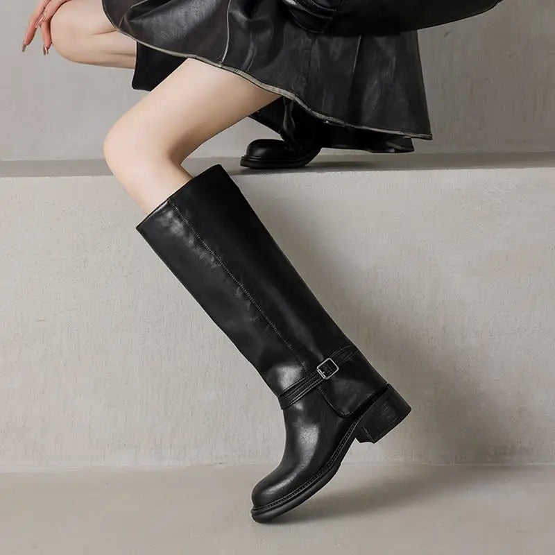 MORAZORA Genuine Leather Boots Women Square Mid Heels Black Brown Winter Boots Fashion Handmade Knee High Boots Ladies Shoes