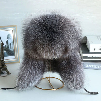 Natural Raccoon Fur Hat Women Black Fox Fur Russian Ushanka Hats Winter Warm Ears Bomber Cap