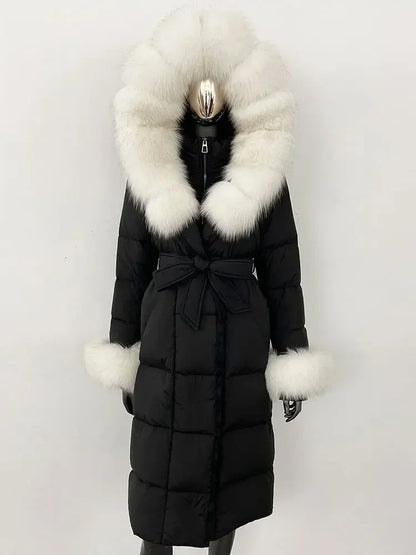 CXFS New Real Raccoon Fox Fur Collar Hooded Natural Long Winter Jacket Women 90 White Duck Down Coat Thick Warm Casual Outerwear