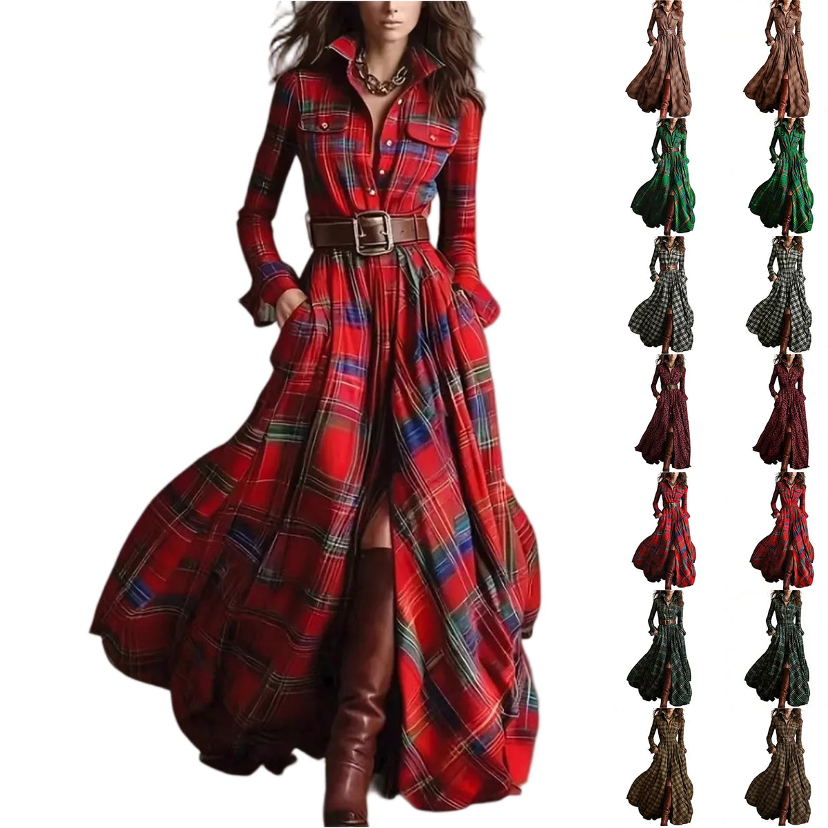 Retro Plaid Long Dresses Ladies Fashion Irregular Hem Slit Spring Autumn Long Sleeve Dress Western Style Buttons Shirt Dress New