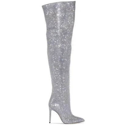 High quality European and American knee length rhinestone pile boots for women's sexy slim high heeled pointed runway boots
