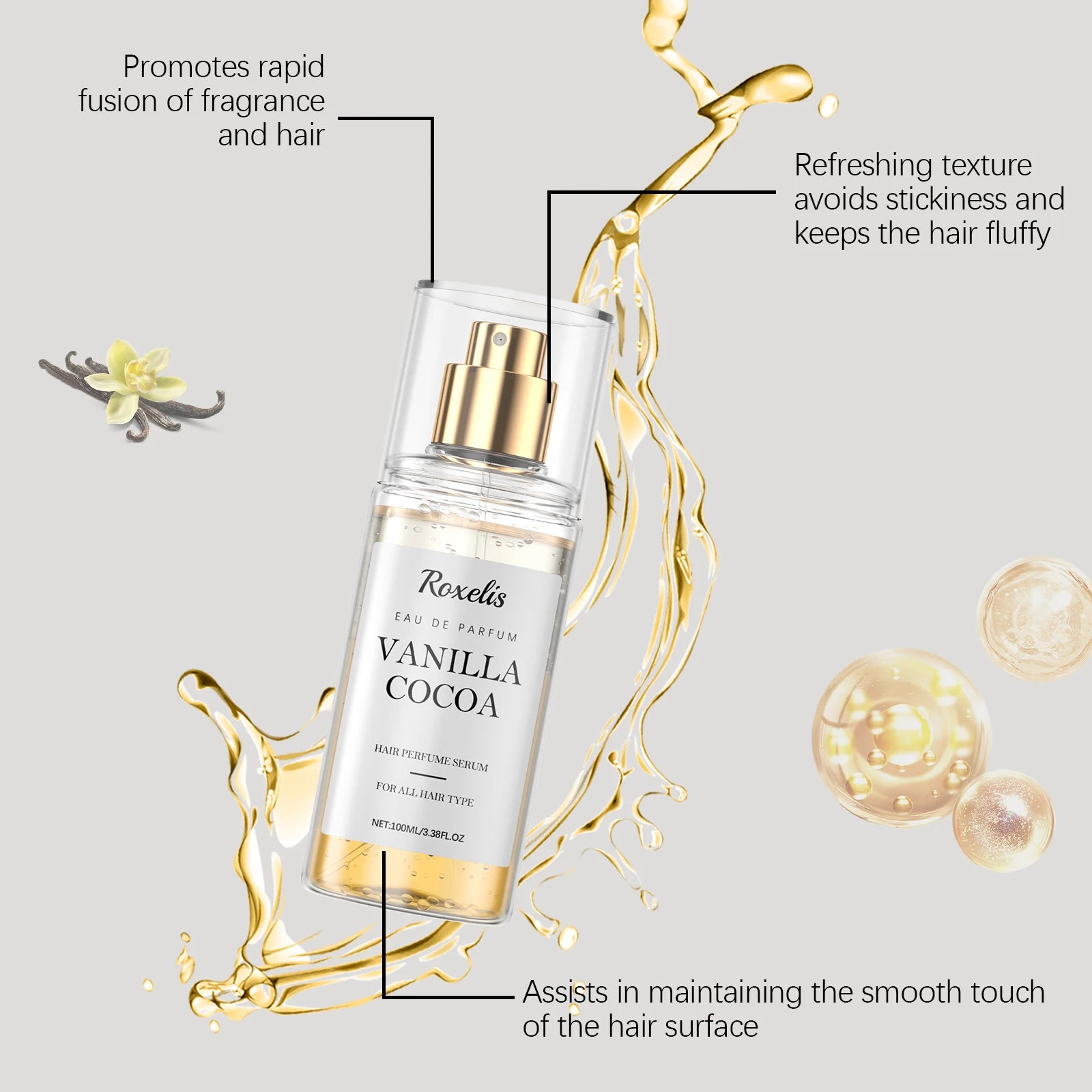 Vanilla Hair Perfume Serum Spray Long Lasting Fresh Fragrance Castor Oil Hair Care Essence For Dry Split Damaged Hair Smoothing