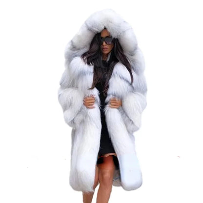 Winter Plus Size Longer Faux Fur Warm Coat Long Sleeve Coat Fox Fur Faux Fur Coat women's Long Hooded Fur all-in-one Fur Coat