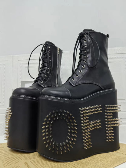 Women Motorcycle Boots women super high thick Heels pumps Cool Lady knight customized boots girl punk Gothic long boots rivets