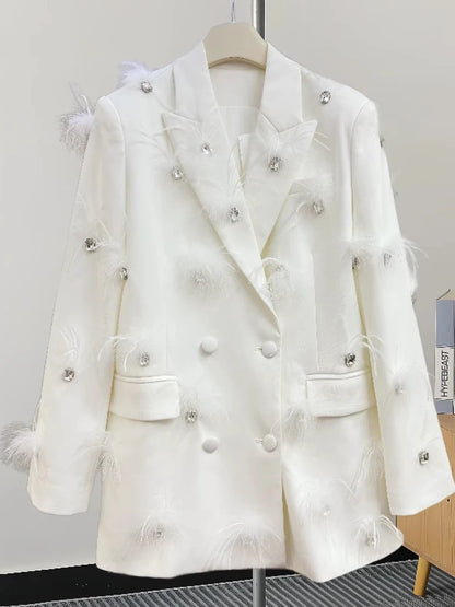 Luxury feather Faux diamond blazer Women 2025 New Double breasted rhinestones jacket High quality Loose Lady suit INKEO 4O089
