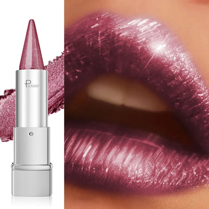 Alluring Purple Pearl Lipstick, waterproof and long-lasting with a metallic texture, featuring a shimmering effect on...