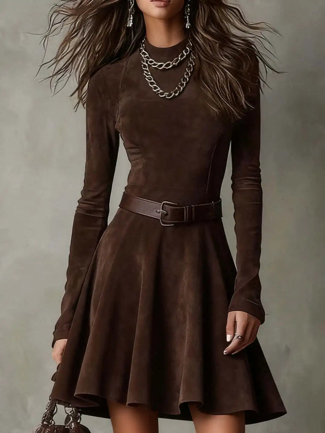 Casual O-neck Long Sleeve Suede Party Dress ElegantSpl  it Solid Slim Long Dress Women Fashion With Belt Tie-Up Maxi Dress