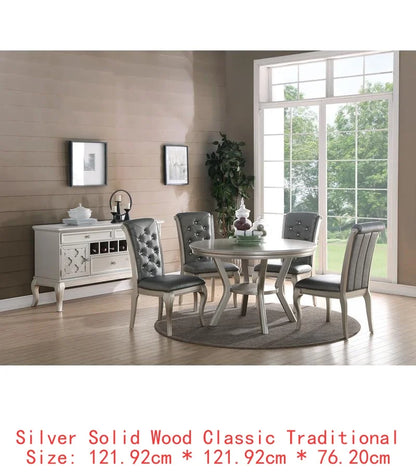 7pc Rect. Glass Dining Table Set w/ Silver Hue & 6 Tufted Side Chairs for Dining Room - Kimlud