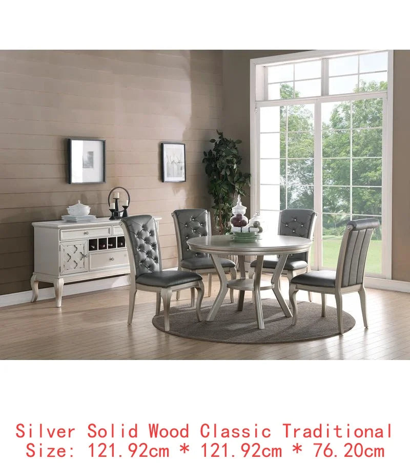 7pc Rect. Glass Dining Table Set w/ Silver Hue & 6 Tufted Side Chairs for Dining Room - Kimlud