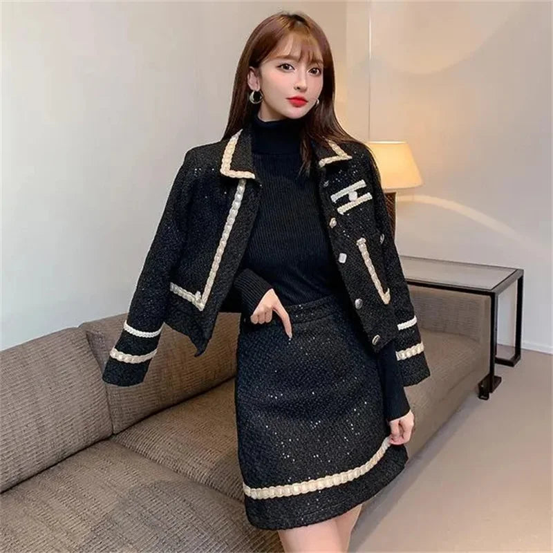 Female Xiaoxiang Style Short Jacket Tops Skirt 2 Piece Set Autumn Winter Lady Tweed Wool Jacket Mini Skirts 2PCS Women...
